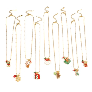 Set of nine golden stainless steel Christmas necklaces with colorful enamel pendants