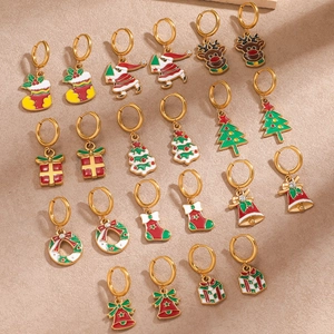 Set of 10 pairs Christmas hoop earrings with enamel deer, santa, and snowflake charms
