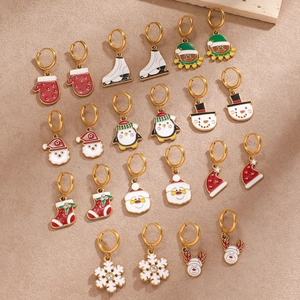 Christmas themed stainless steel drip oil earrings set featuring festive reindeer and snowflake