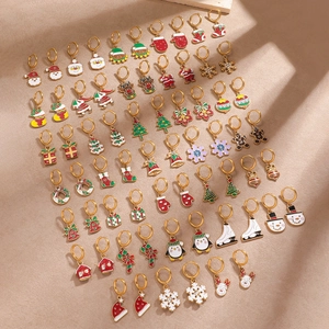 Festive gold stainless steel Christmas drop earrings set featuring colorful enamel charms