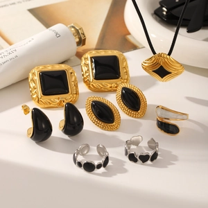 Retro gold plated stainless steel enamel jewelry set featuring earrings and open rings