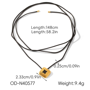 Detailed specs of 148cm long black rope necklace with square gold pendant for women