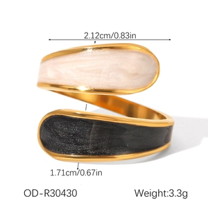 Detail showing two-tone black and white enamel fill on gold spiral open ring