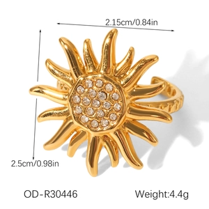 Detail view of gold-plated sun flower ring showing dimensions 2.5cm by 2.15cm with white crystals