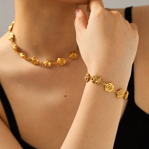 Elegant gold-tone stainless steel camellia flower necklace and bracelet jewelry set