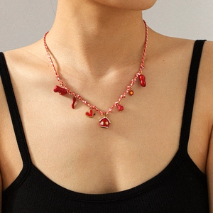 Handmade red and white woven necklace with red enamel heart and house charms