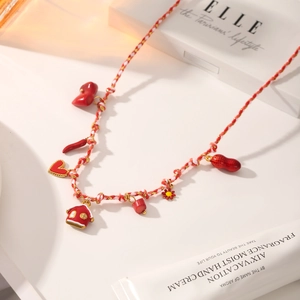 Handmade woven necklace with red heart, pepper, and house enamel charms for women