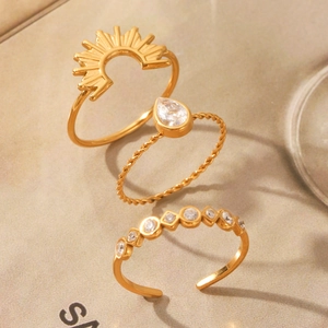 Luxury Stainless Steel Zirconia Ring Set For Women Gold Plated Sun Water Drop Open Adjustable Rings Vintage Boho Party Jewelry