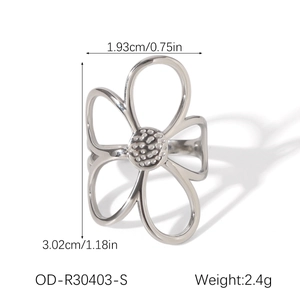 Silver hollow flower ring detail with dimensions and textured petal center