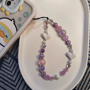 Handmade purple amethyst beaded phone strap with heart and butterfly charms