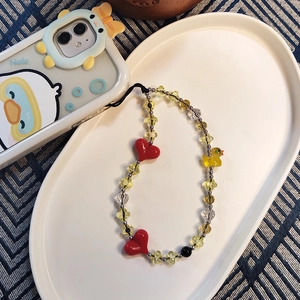 Handmade Beaded Phone Chain Cute Yellow Duck Red Heart Resin Crystal Beads Phone Lanyard For Women Girls Phone Case Charm Strap