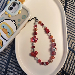 Chaîne de Téléphone en Perles Rouges Fait Main Avec Perles Panda Cœur Papillon Charme de Téléphone en Cristal Verre Résine pour Femmes