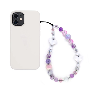 Handmade beaded phone strap with purple amethyst-style beads and white heart pendants