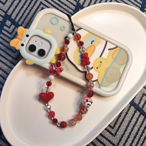 Bijou de téléphone perlé avec cœur rouge et breloques panda pour portable femme