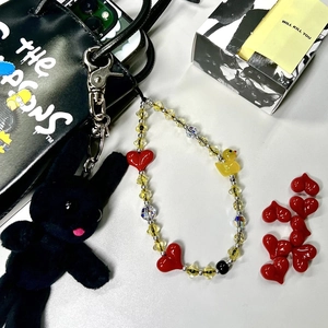 Handmade beaded phone strap with cute yellow duck charm and red heart beads for cases