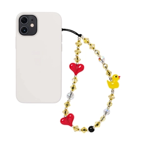 Handmade beaded phone strap with yellow duck pendant and red heart beads on white case