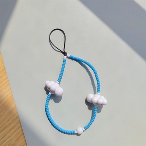 Handmade beaded phone strap featuring sky blue and white beads with 3D cloud charms
