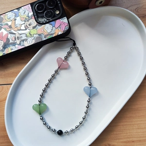 Colorful heart charm handmade beaded phone strap with silver metallic beads for women