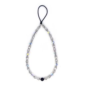 Beaded phone charm with silver bone-shaped beads and iridescent crystals on white background