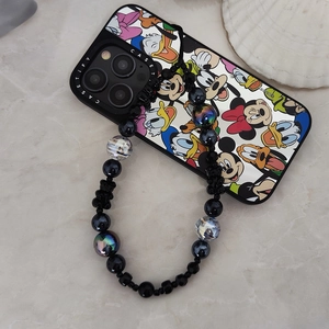 Beaded black phone wrist strap with colorful charms and character mobile phone case