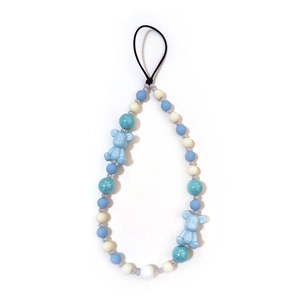 Blue and white beaded phone wrist strap featuring cute bear charms and round beads