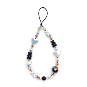 Cute bear and iridescent heart beaded phone charm wrist strap for women gifts