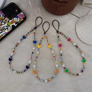Handmade Colorful Beaded Phone Charm Strap With Heart Acrylic Beads Glass Seed Beads Anti-Lost Phone Chain For Women Girls