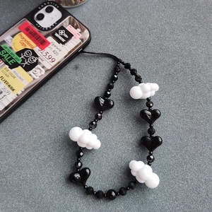 Dark aesthetic heart and cloud beaded phone strap with black faceted beads for women