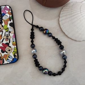 Handmade beaded phone strap with cute black beads and iridescent glass charms