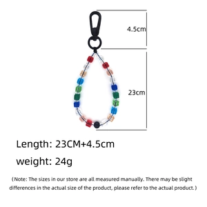 Detailed size chart of a rainbow beaded keychain with plastic hook and 27.5cm total length