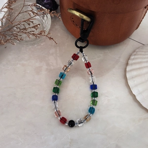 Colorful cube crystal bead keychain with a black matte metal clasp for bags and cars