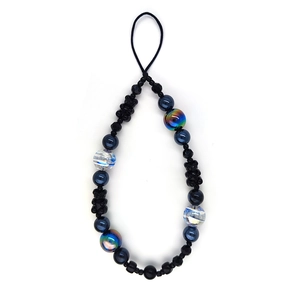 Cute beaded phone wrist strap with black bear charm and colorful iridescent beads