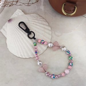 Handmade Baroque pearl and pink heart beaded keychain with heart charms and spring clasp
