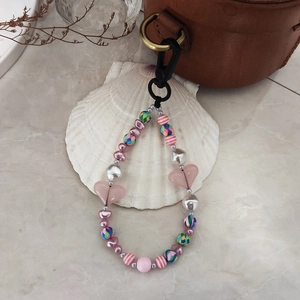 Baroque pearl keychain with pink heart beads and colorful woven charms for bags
