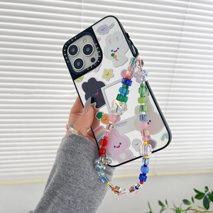 Rainbow beaded phone strap with butterfly charms on a cute iPhone case with stickers