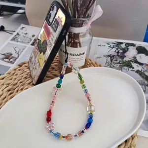 Handmade Beaded Phone Chain Colorful Butterfly Flower Glass Resin Beads Lanyard For Women Ins Style Rainbow Phone Strap