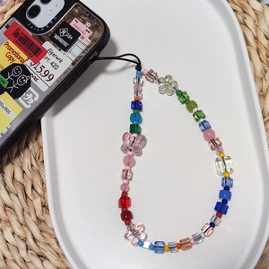 Rainbow crystal butterfly beaded phone charm strap with colorful acrylic beads and flowers