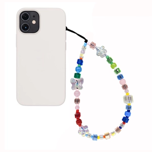Rainbow beaded phone strap with acrylic butterflies and flowers on a white phone case