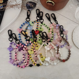 Acrylic Heart Beaded Keychain For Women Striped Faux Artificial Pearl Zinc Alloy Bag Charm Boho Fashion Phone Lanyard Accessories