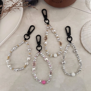 Vintage Handmade Beaded Keychain Imitation Artificial Pearl 18K Gold Plated Copper Crystal Bag Charm Phone Strap For Women Jewelry