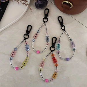 Porte-clés en Perles Fait Main Acrylique Ours en Gélatine Perles de Verre Colorées Pendentif de Sac Cordon de Téléphone Style Ins Femme Fille Bijoux Cadeau