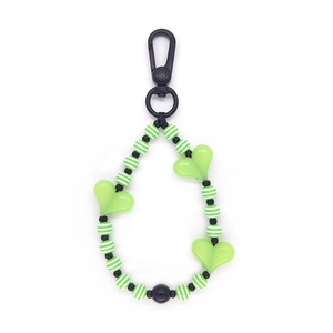 Creative striped acrylic heart beaded keychain with green and white beads and black metal hook