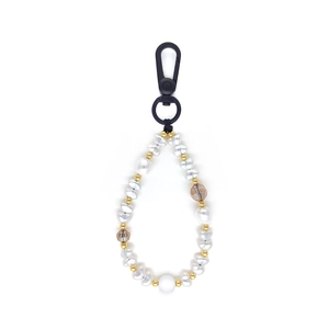 Handmade beaded keychain with white pearls, gold beads, and crystal charms on white background
