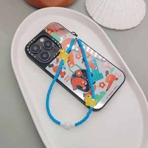 Colorful beaded phone strap with cute yellow ducks and a mirrored cartoon iPhone case