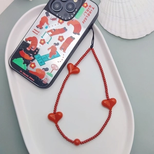 Handmade Red Heart Beaded Phone Strap Simple Glass Seed Bead Phone Chain Wristband Girly Cute Phone Lanyard Charm Gift For Women