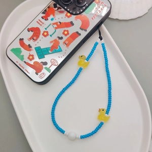 Cute duck beaded phone wrist strap with blue beads and yellow duckling pendants