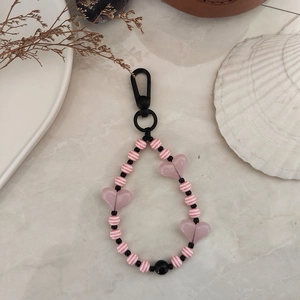 Handmade heart beaded keychain with pink striped acrylic beads and black metal lobster clasp