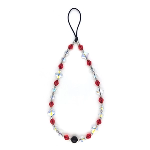 Handmade red beaded clover crystal phone wrist strap with iridescent flower beads
