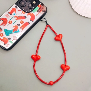 Red cherry heart beaded phone strap with glass beads and large heart accents