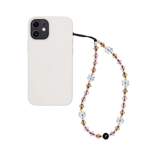 Close-up of beaded phone wrist strap with crystal beads on a silicone case